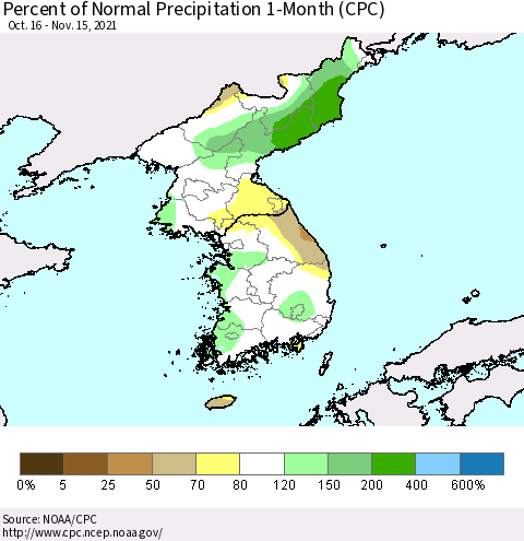 Korea Percent of Normal Precipitation 1-Month (CPC) Thematic Map For 10/16/2021 - 11/15/2021