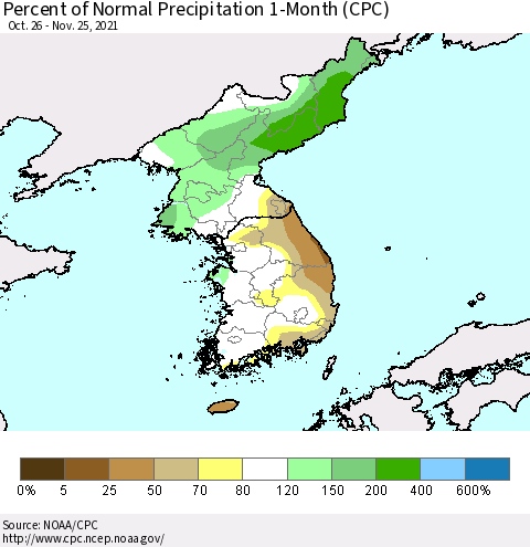 Korea Percent of Normal Precipitation 1-Month (CPC) Thematic Map For 10/26/2021 - 11/25/2021