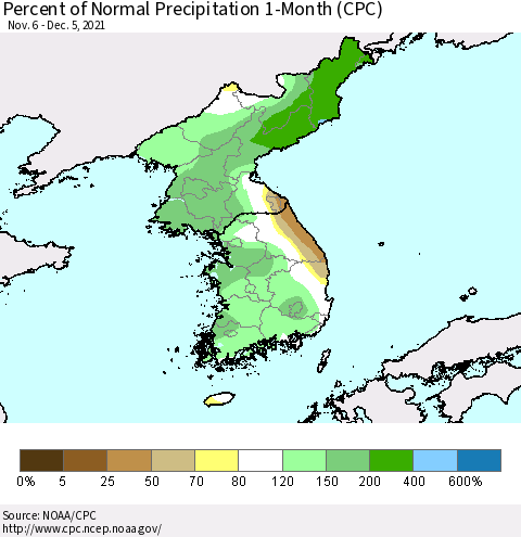 Korea Percent of Normal Precipitation 1-Month (CPC) Thematic Map For 11/6/2021 - 12/5/2021