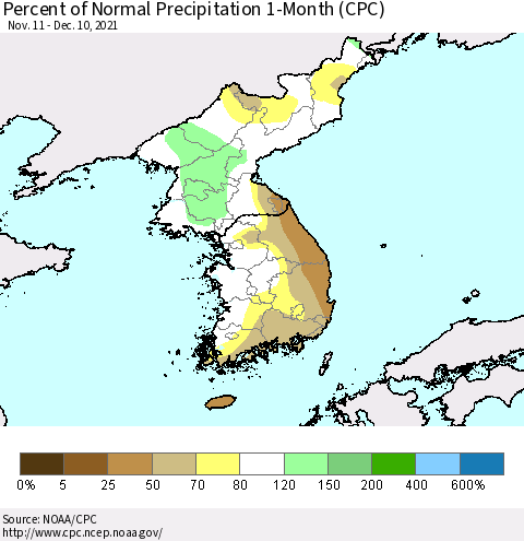 Korea Percent of Normal Precipitation 1-Month (CPC) Thematic Map For 11/11/2021 - 12/10/2021