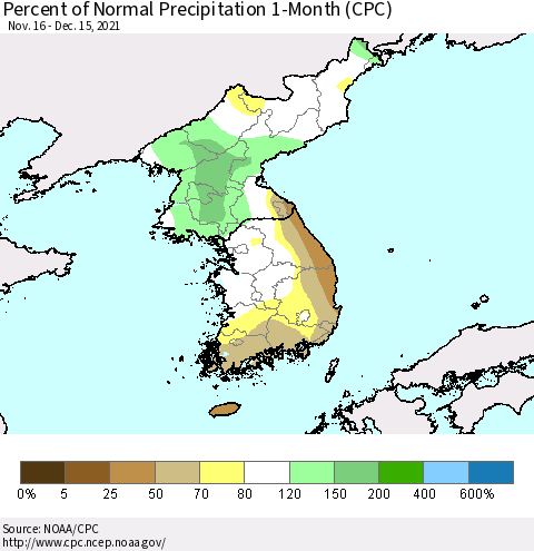 Korea Percent of Normal Precipitation 1-Month (CPC) Thematic Map For 11/16/2021 - 12/15/2021