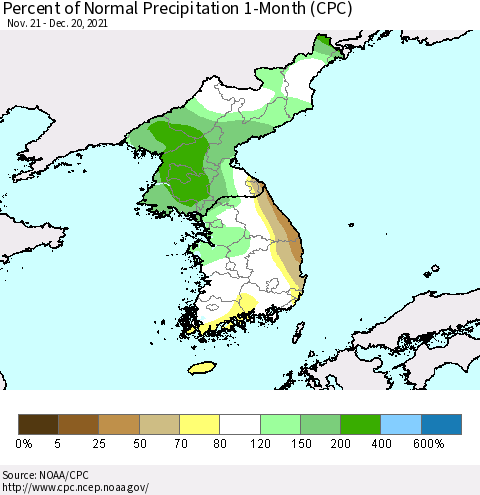 Korea Percent of Normal Precipitation 1-Month (CPC) Thematic Map For 11/21/2021 - 12/20/2021