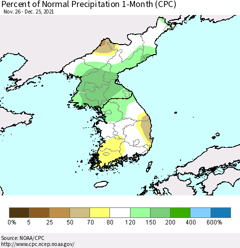 Korea Percent of Normal Precipitation 1-Month (CPC) Thematic Map For 11/26/2021 - 12/25/2021