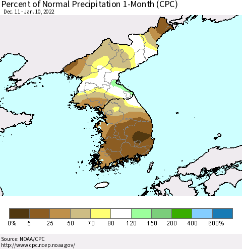 Korea Percent of Normal Precipitation 1-Month (CPC) Thematic Map For 12/11/2021 - 1/10/2022
