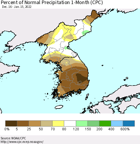 Korea Percent of Normal Precipitation 1-Month (CPC) Thematic Map For 12/16/2021 - 1/15/2022