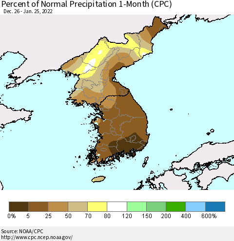 Korea Percent of Normal Precipitation 1-Month (CPC) Thematic Map For 12/26/2021 - 1/25/2022