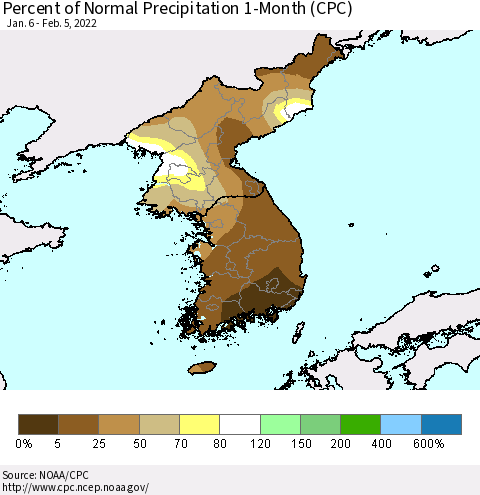 Korea Percent of Normal Precipitation 1-Month (CPC) Thematic Map For 1/6/2022 - 2/5/2022