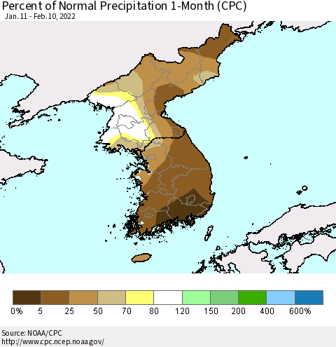 Korea Percent of Normal Precipitation 1-Month (CPC) Thematic Map For 1/11/2022 - 2/10/2022