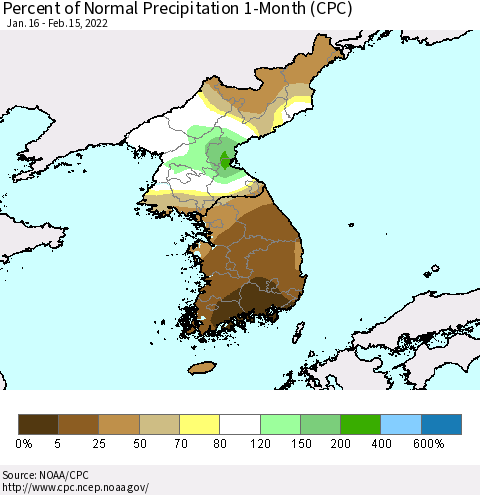 Korea Percent of Normal Precipitation 1-Month (CPC) Thematic Map For 1/16/2022 - 2/15/2022