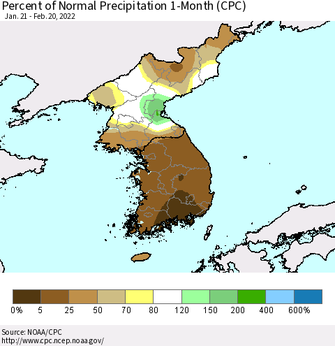 Korea Percent of Normal Precipitation 1-Month (CPC) Thematic Map For 1/21/2022 - 2/20/2022