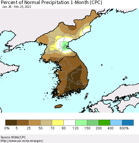 Korea Percent of Normal Precipitation 1-Month (CPC) Thematic Map For 1/26/2022 - 2/25/2022