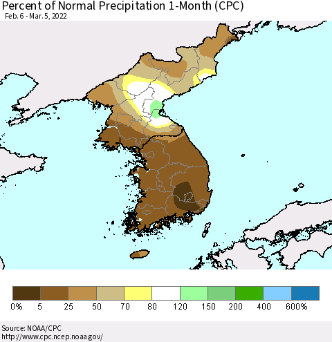 Korea Percent of Normal Precipitation 1-Month (CPC) Thematic Map For 2/6/2022 - 3/5/2022