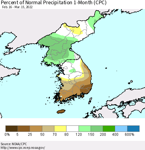 Korea Percent of Normal Precipitation 1-Month (CPC) Thematic Map For 2/16/2022 - 3/15/2022