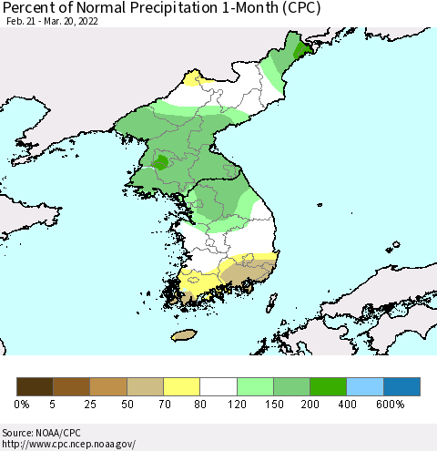 Korea Percent of Normal Precipitation 1-Month (CPC) Thematic Map For 2/21/2022 - 3/20/2022