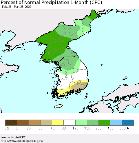 Korea Percent of Normal Precipitation 1-Month (CPC) Thematic Map For 2/26/2022 - 3/25/2022