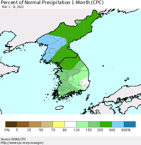Korea Percent of Normal Precipitation 1-Month (CPC) Thematic Map For 3/1/2022 - 3/31/2022