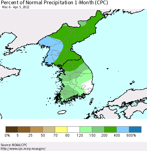 Korea Percent of Normal Precipitation 1-Month (CPC) Thematic Map For 3/6/2022 - 4/5/2022