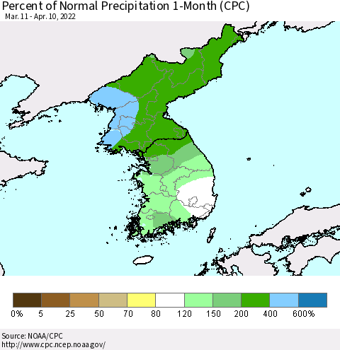 Korea Percent of Normal Precipitation 1-Month (CPC) Thematic Map For 3/11/2022 - 4/10/2022
