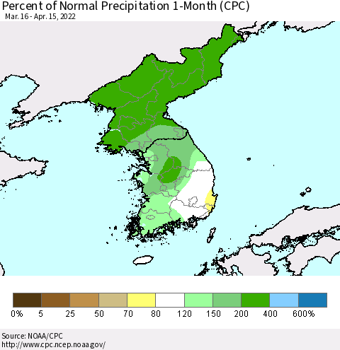 Korea Percent of Normal Precipitation 1-Month (CPC) Thematic Map For 3/16/2022 - 4/15/2022