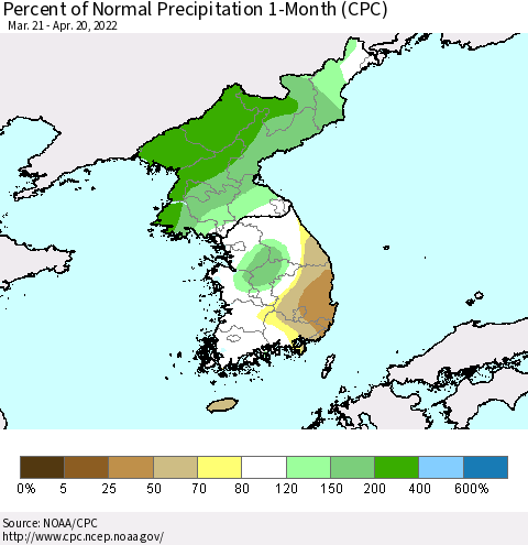 Korea Percent of Normal Precipitation 1-Month (CPC) Thematic Map For 3/21/2022 - 4/20/2022