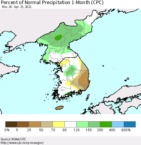 Korea Percent of Normal Precipitation 1-Month (CPC) Thematic Map For 3/26/2022 - 4/25/2022