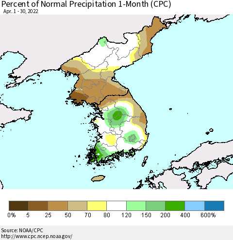Korea Percent of Normal Precipitation 1-Month (CPC) Thematic Map For 4/1/2022 - 4/30/2022
