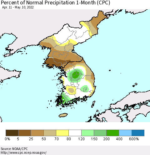 Korea Percent of Normal Precipitation 1-Month (CPC) Thematic Map For 4/11/2022 - 5/10/2022