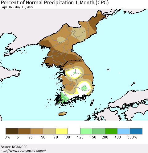Korea Percent of Normal Precipitation 1-Month (CPC) Thematic Map For 4/16/2022 - 5/15/2022