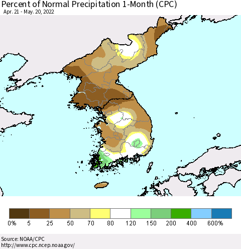 Korea Percent of Normal Precipitation 1-Month (CPC) Thematic Map For 4/21/2022 - 5/20/2022