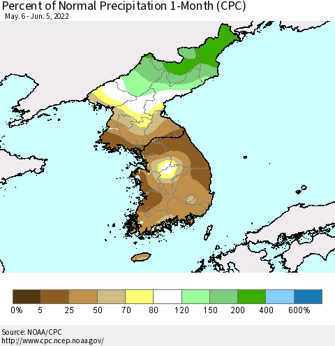 Korea Percent of Normal Precipitation 1-Month (CPC) Thematic Map For 5/6/2022 - 6/5/2022