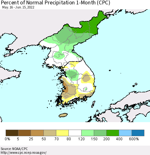Korea Percent of Normal Precipitation 1-Month (CPC) Thematic Map For 5/16/2022 - 6/15/2022