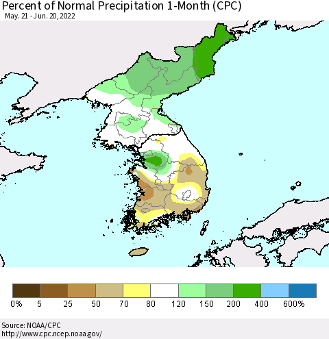 Korea Percent of Normal Precipitation 1-Month (CPC) Thematic Map For 5/21/2022 - 6/20/2022