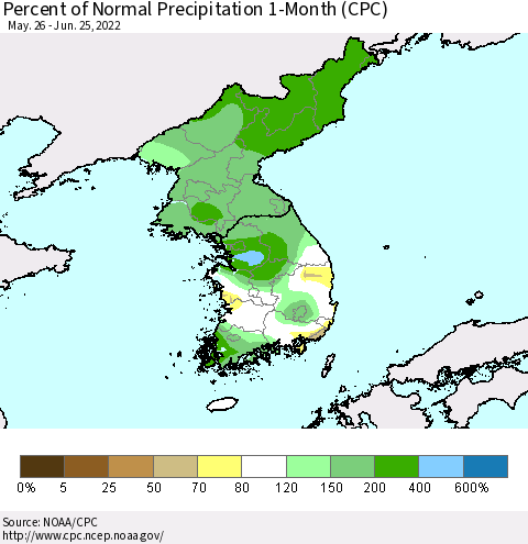 Korea Percent of Normal Precipitation 1-Month (CPC) Thematic Map For 5/26/2022 - 6/25/2022