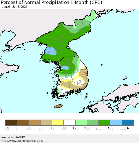 Korea Percent of Normal Precipitation 1-Month (CPC) Thematic Map For 6/6/2022 - 7/5/2022