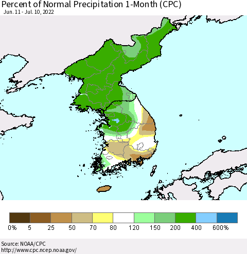 Korea Percent of Normal Precipitation 1-Month (CPC) Thematic Map For 6/11/2022 - 7/10/2022