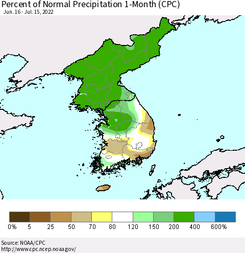 Korea Percent of Normal Precipitation 1-Month (CPC) Thematic Map For 6/16/2022 - 7/15/2022