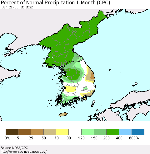 Korea Percent of Normal Precipitation 1-Month (CPC) Thematic Map For 6/21/2022 - 7/20/2022