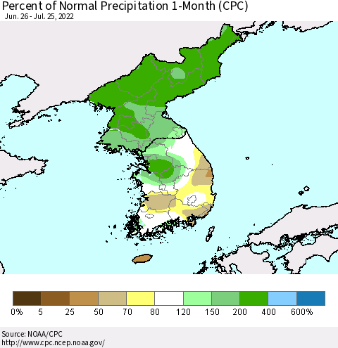 Korea Percent of Normal Precipitation 1-Month (CPC) Thematic Map For 6/26/2022 - 7/25/2022