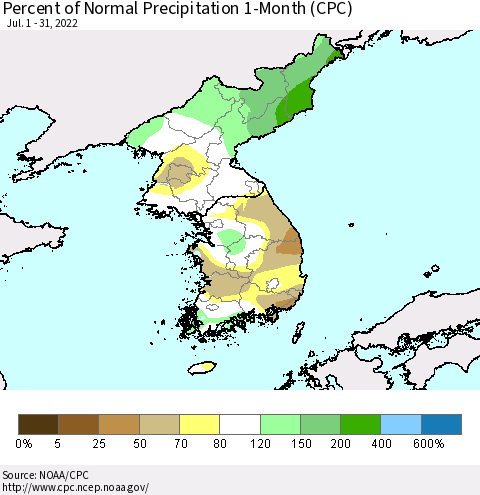 Korea Percent of Normal Precipitation 1-Month (CPC) Thematic Map For 7/1/2022 - 7/31/2022