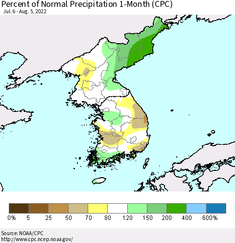 Korea Percent of Normal Precipitation 1-Month (CPC) Thematic Map For 7/6/2022 - 8/5/2022