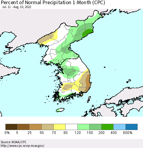 Korea Percent of Normal Precipitation 1-Month (CPC) Thematic Map For 7/11/2022 - 8/10/2022