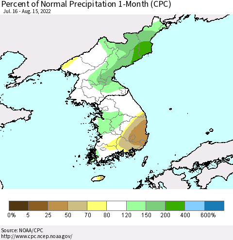 Korea Percent of Normal Precipitation 1-Month (CPC) Thematic Map For 7/16/2022 - 8/15/2022