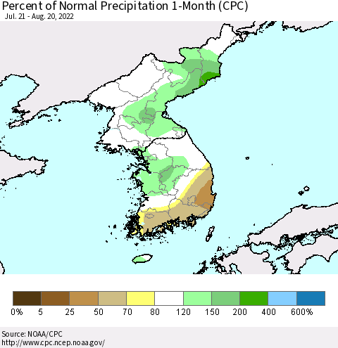 Korea Percent of Normal Precipitation 1-Month (CPC) Thematic Map For 7/21/2022 - 8/20/2022