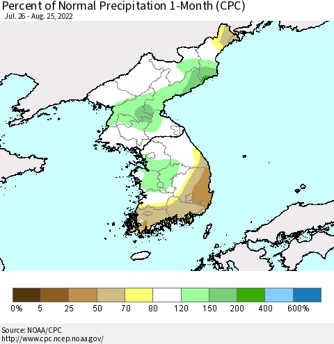 Korea Percent of Normal Precipitation 1-Month (CPC) Thematic Map For 7/26/2022 - 8/25/2022