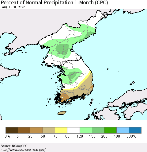 Korea Percent of Normal Precipitation 1-Month (CPC) Thematic Map For 8/1/2022 - 8/31/2022