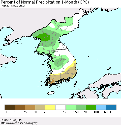 Korea Percent of Normal Precipitation 1-Month (CPC) Thematic Map For 8/6/2022 - 9/5/2022