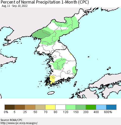 Korea Percent of Normal Precipitation 1-Month (CPC) Thematic Map For 8/11/2022 - 9/10/2022