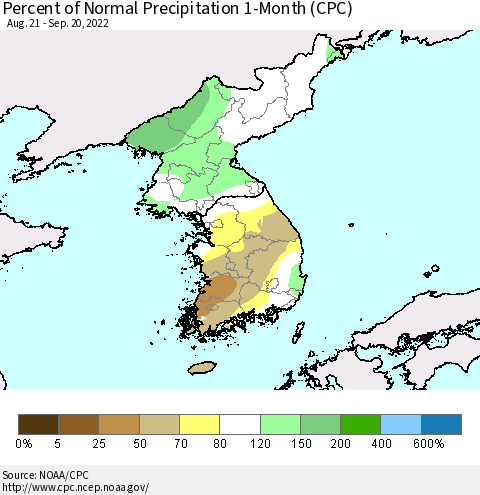 Korea Percent of Normal Precipitation 1-Month (CPC) Thematic Map For 8/21/2022 - 9/20/2022