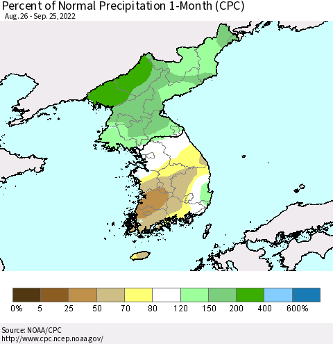 Korea Percent of Normal Precipitation 1-Month (CPC) Thematic Map For 8/26/2022 - 9/25/2022
