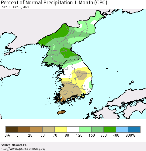 Korea Percent of Normal Precipitation 1-Month (CPC) Thematic Map For 9/6/2022 - 10/5/2022